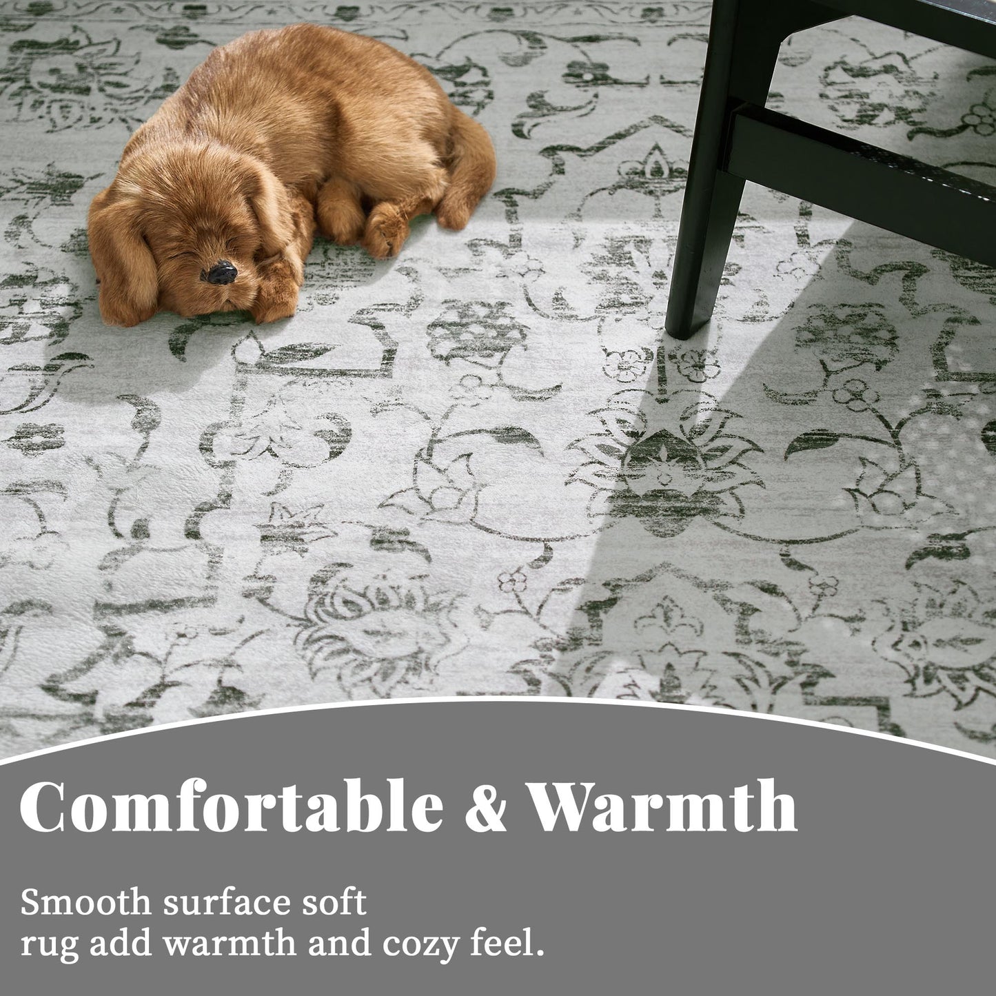RUGKING Grey Vintage Area Rug Floral Carpet Distressed Mat, Foldable Non Slip Accent Rug for Kitchen Living Room