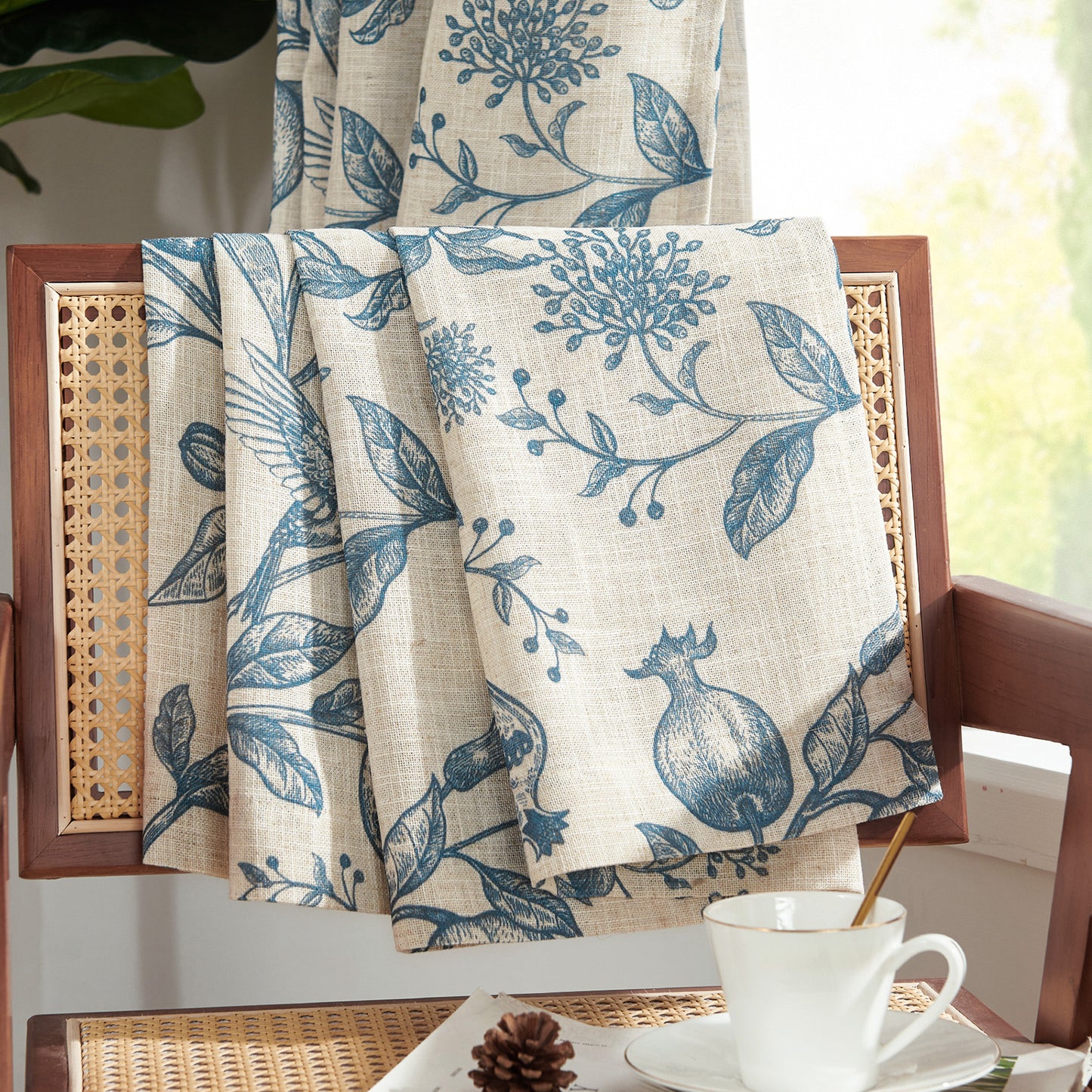 CURTAINKING Linen Curtains Floral Curtains for Living Room French Curtains Back Tab Light Filtering Toile Print Farmhouse Bedroom Curtains Window Curtain Set 2 Panels