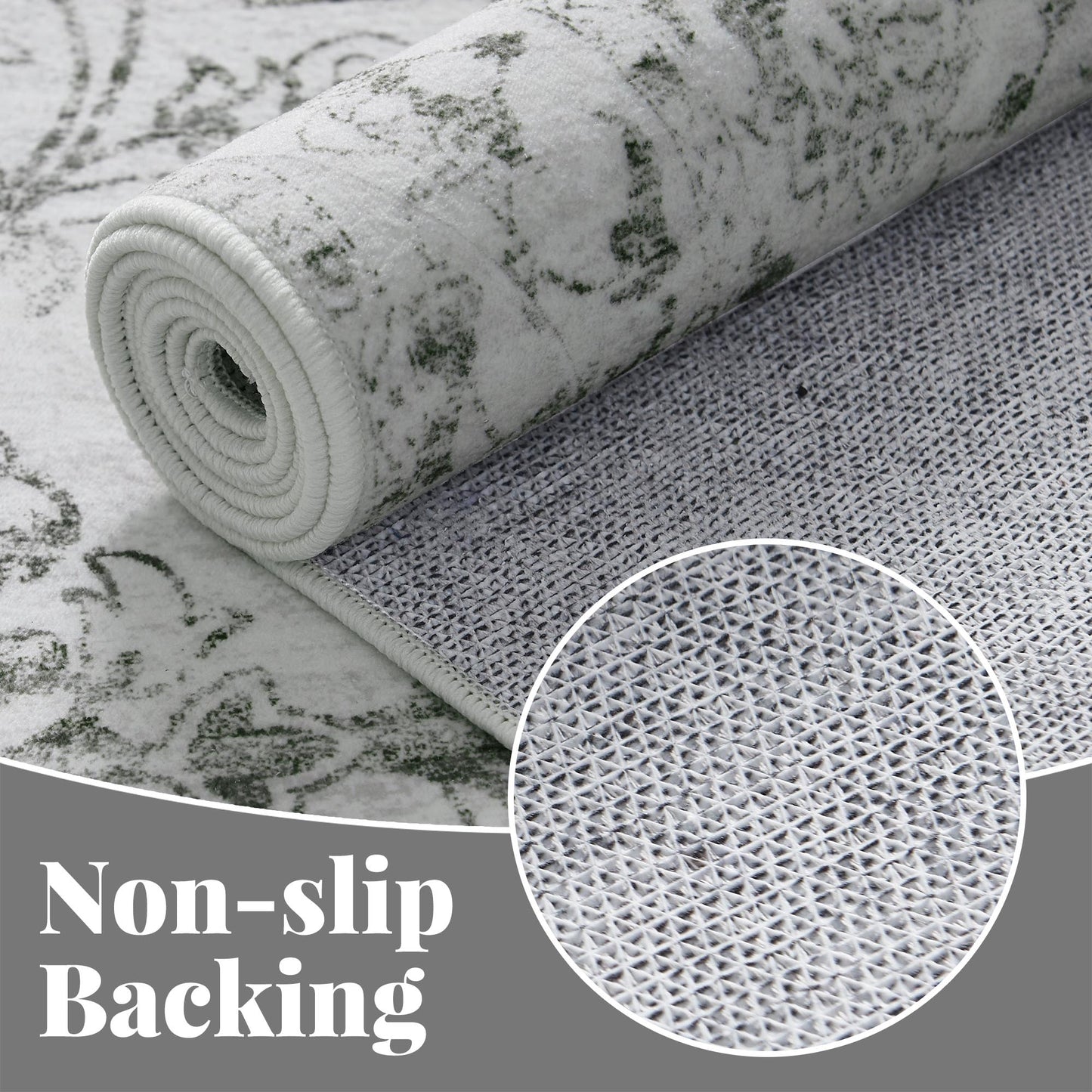 RUGKING Grey Vintage Area Rug Floral Carpet Distressed Mat, Foldable Non Slip Accent Rug for Kitchen Living Room
