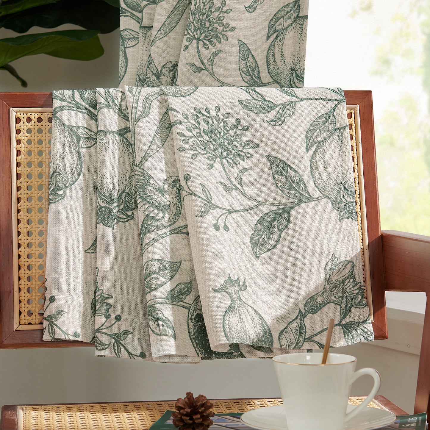 CURTAINKING Linen Curtains Floral Curtains for Living Room French Curtains Back Tab Light Filtering Toile Print Farmhouse Bedroom Curtains Window Curtain Set 2 Panels