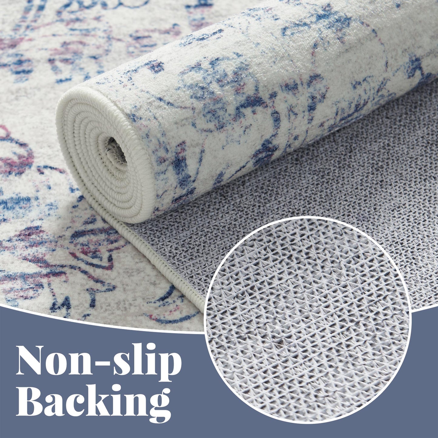 RUGKING Blue Vintage Area Rug Floral Carpet Distressed Mat, Foldable Non Slip Accent Rug for Kitchen Living Room