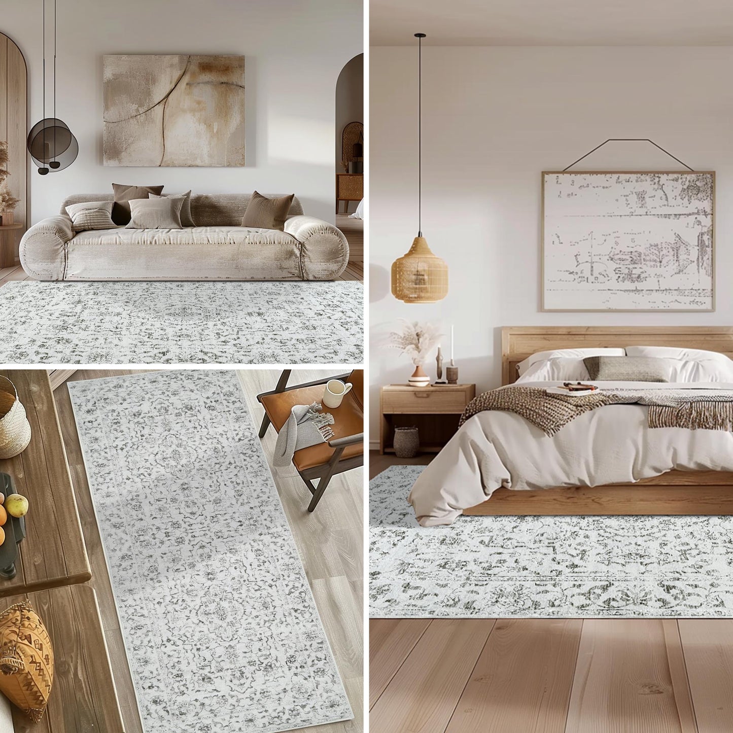 RUGKING Grey Vintage Area Rug Floral Carpet Distressed Mat, Foldable Non Slip Accent Rug for Kitchen Living Room