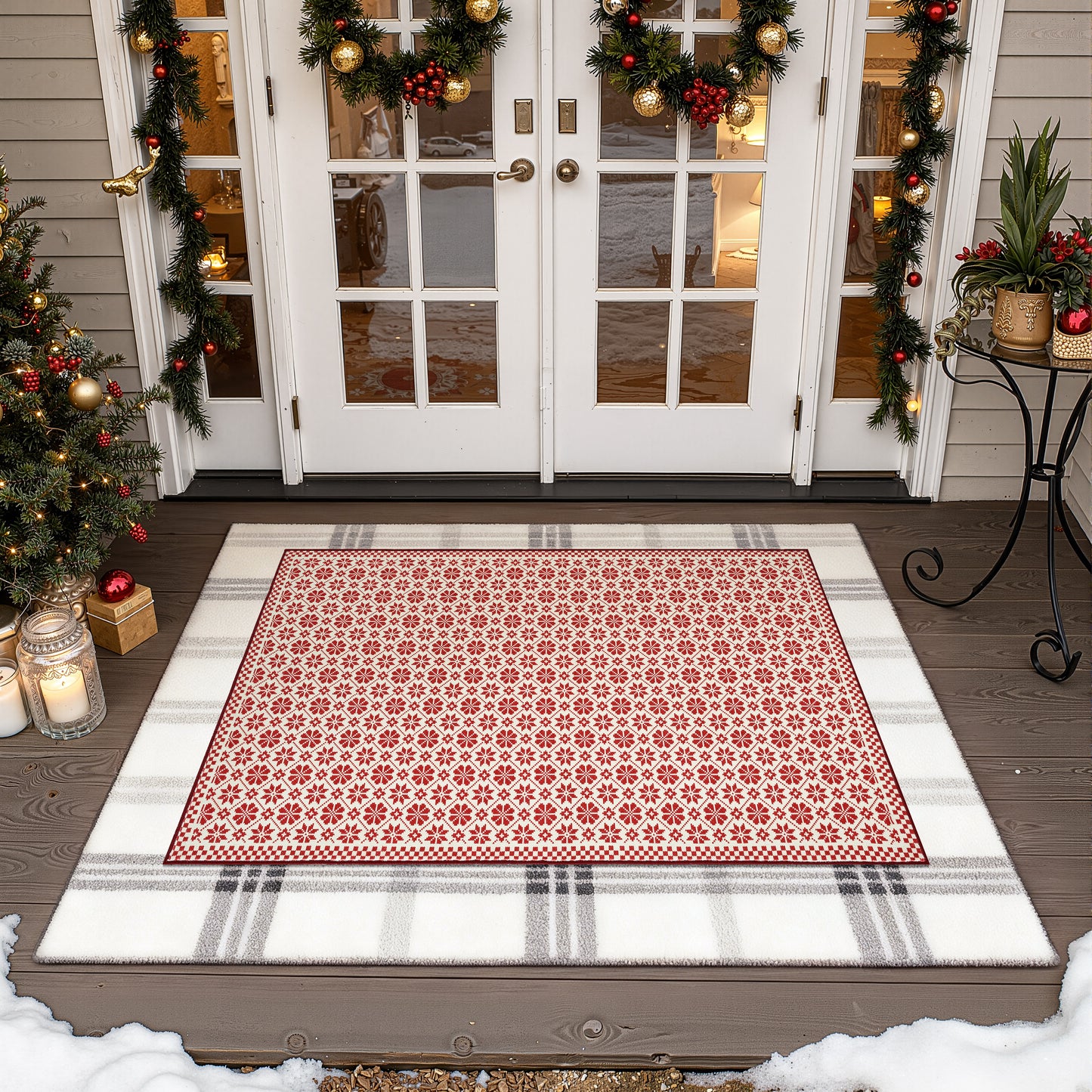 RUGKING Christmas Rug for Entryway Kitchen Knit Inspired Small Holiday Rug for Porch Bathroom Snowflake and Clover Printed Winter Xmas Decor Washable Doormat for Bedroom Non Slip