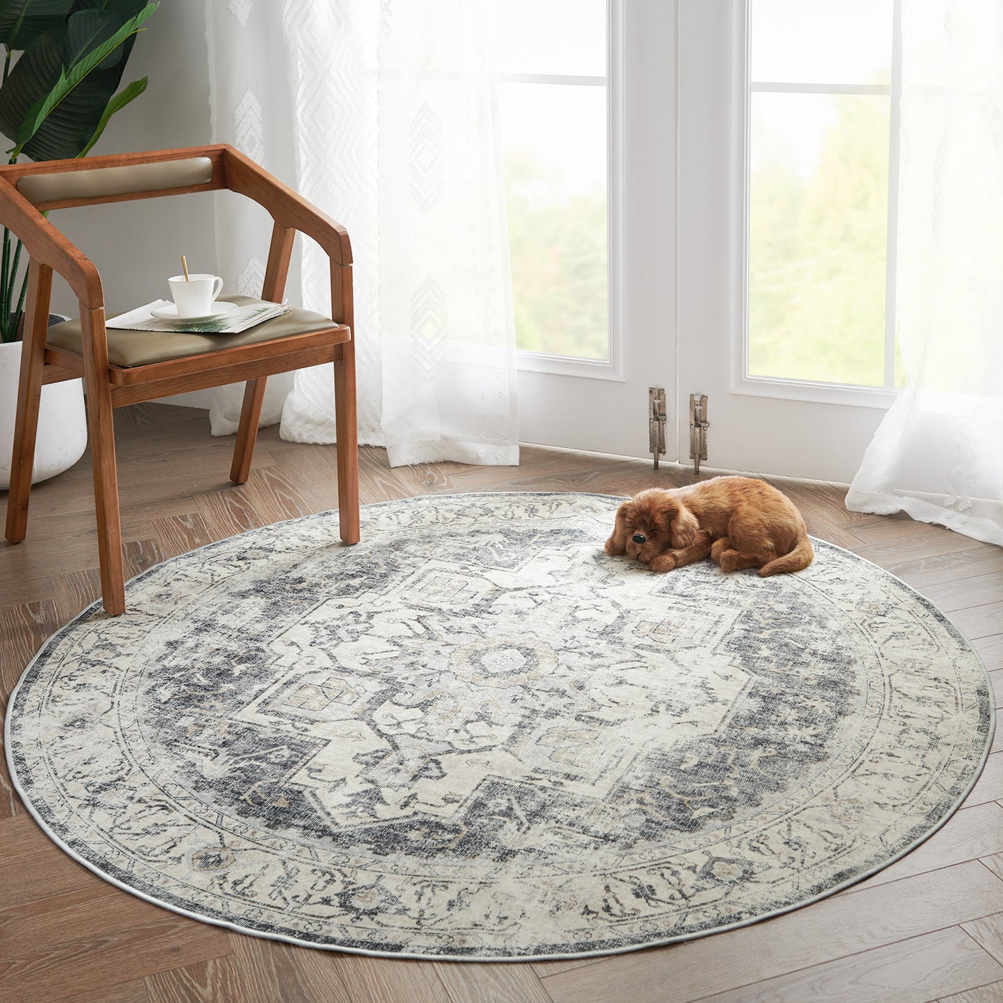 Jinchan Round Rug 5ft Indoor Area Rug Persian Rug Vintage Rug