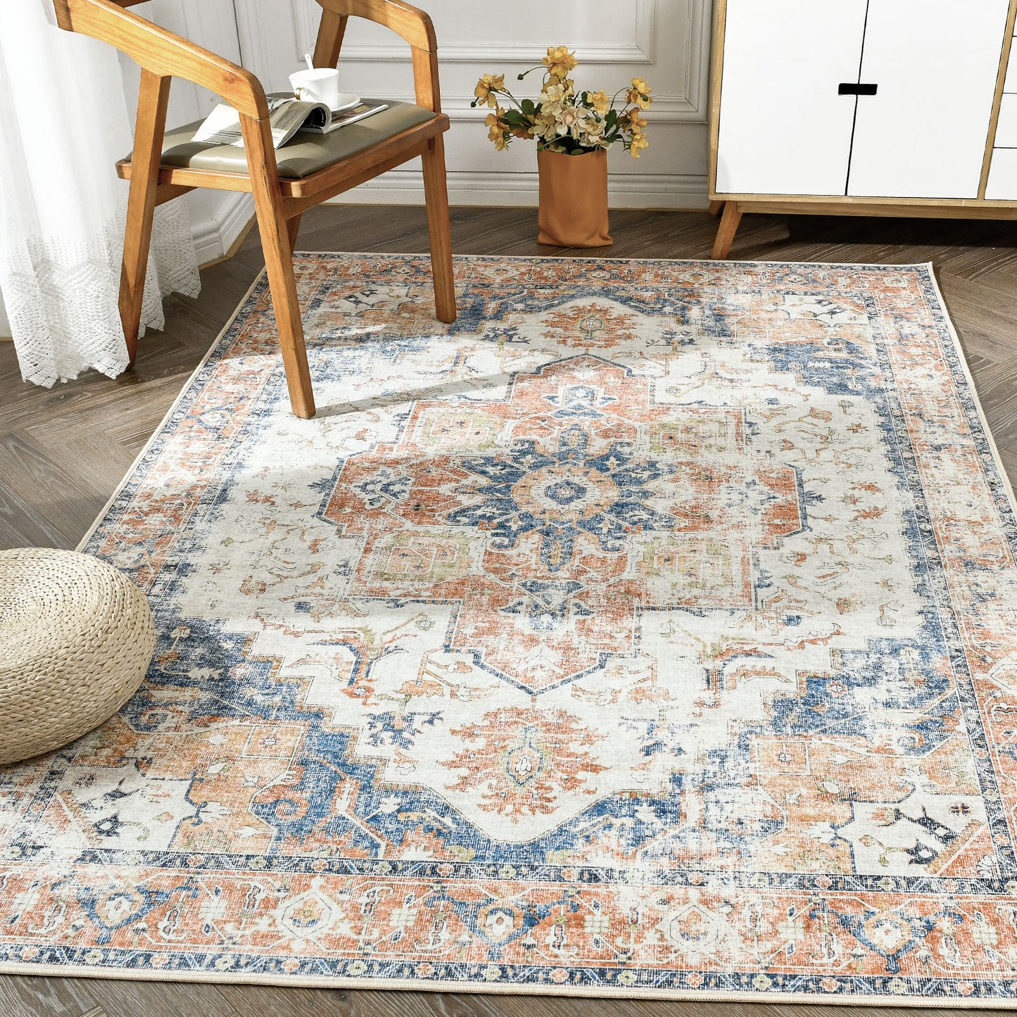 Jinchan Vintage Medallion Orange Foldable Living Room Area Rug