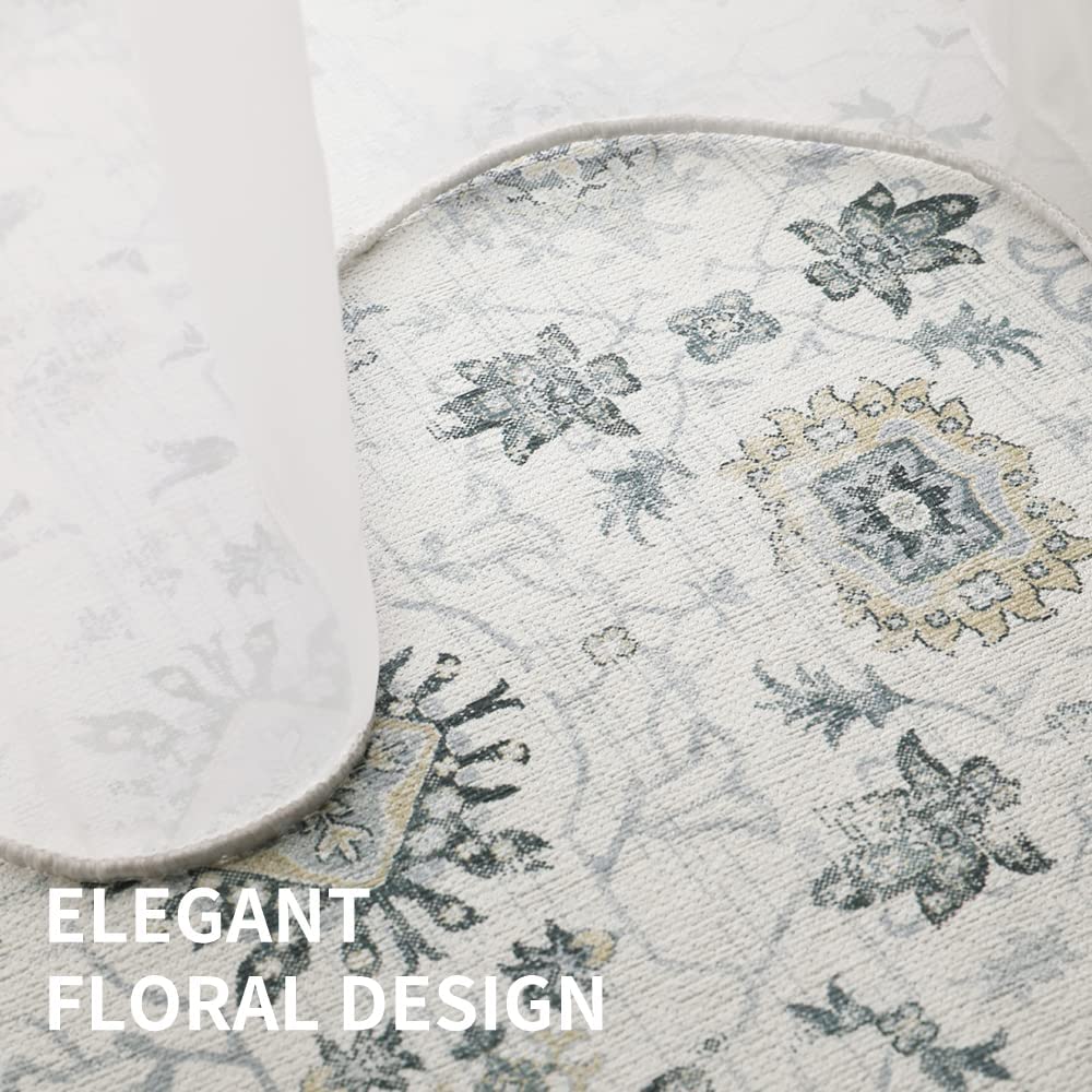 Jinchan Vintage Distressed Floral Light Grey Foldable Area Rug