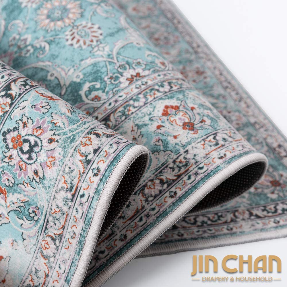 Jinchan Persian Distressed Floral Turquoise Foldable Area Rug