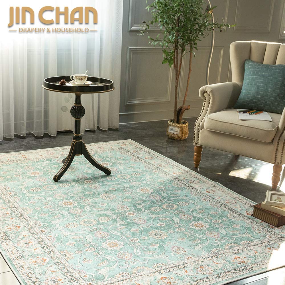 Jinchan Persian Distressed Floral Turquoise Foldable Area Rug
