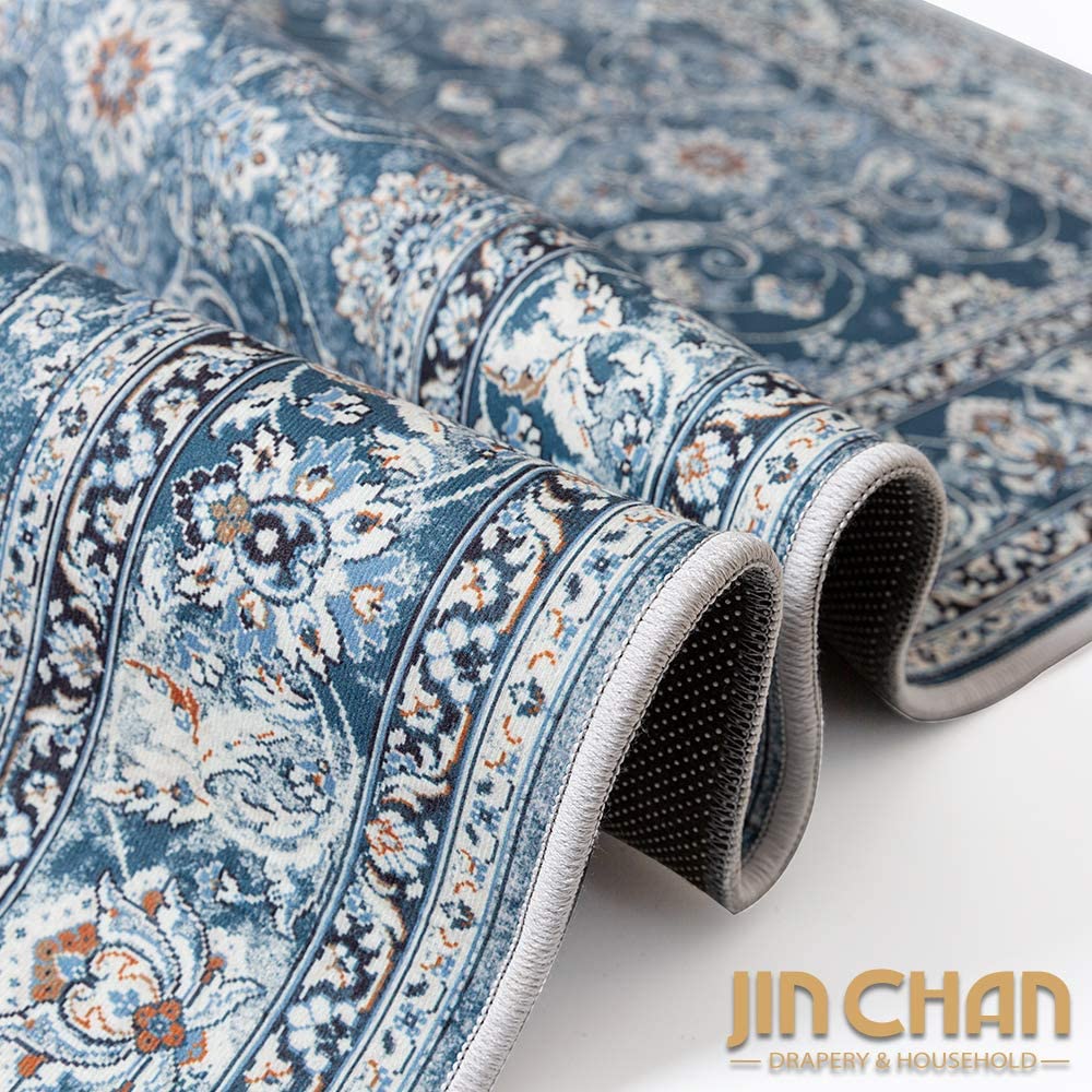 Jinchan Persian Distressed Floral Navy Blue Foldable Area Rug