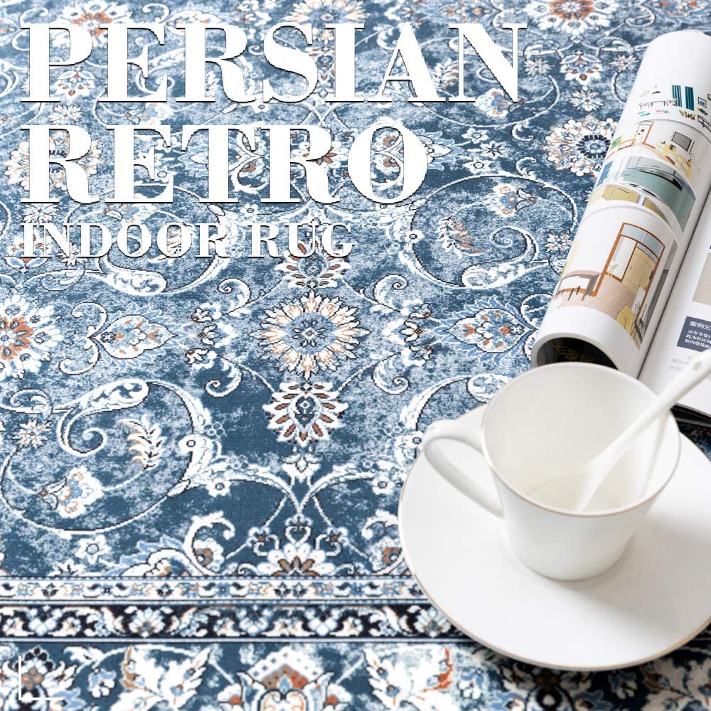 Jinchan Persian Distressed Floral Navy Blue Foldable Area Rug