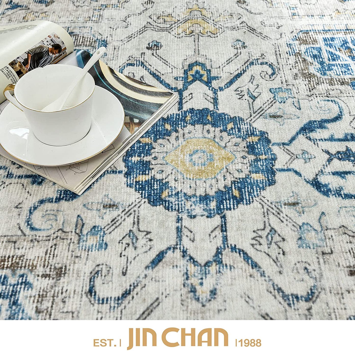 Jinchan Vintage Medallion Distressed Light Blue Foldable Area Rug