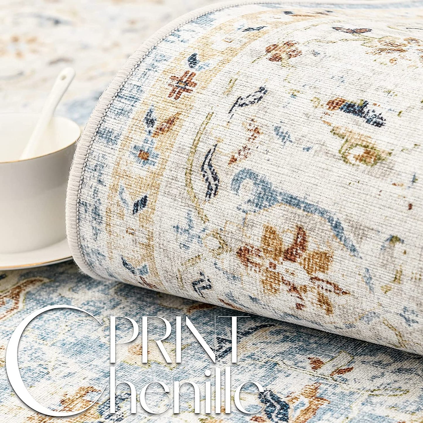 Jinchan Floral Distressed Vintage Blue Foldable Area Rug