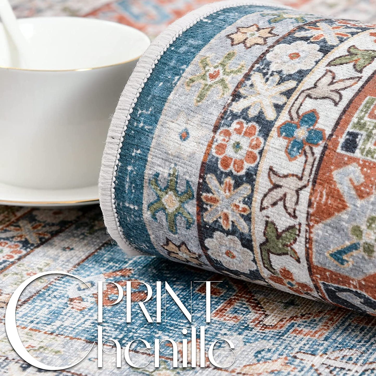Jinchan Vintage Persian Floral Blue Red Foldable Area Rug