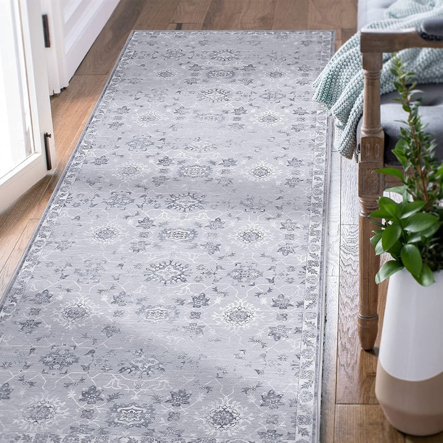 Jinchan Vintage Distressed Floral Dark Grey Foldable Area Rug