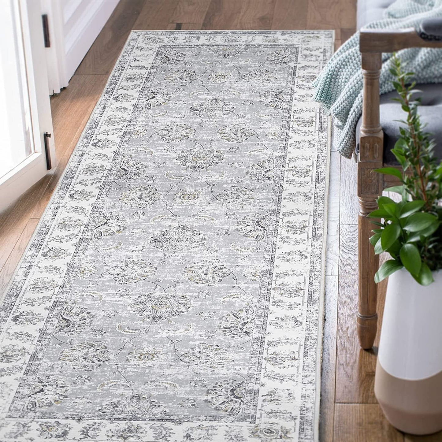 Jinchan Retro Vintage Persian Floral Foldable Grey Area Rug