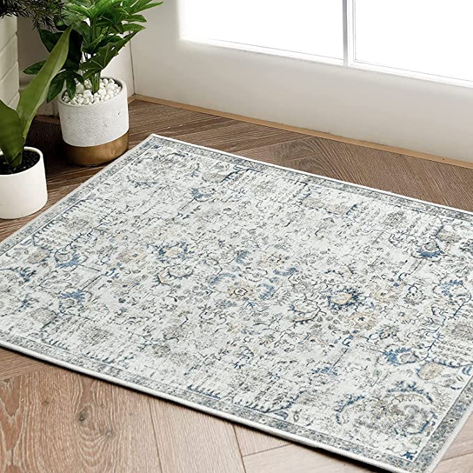 Jinchan Floral Distressed Vintage Persian Grey Foldable Area Rug