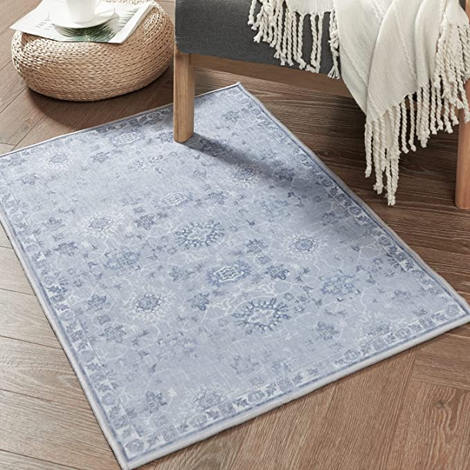 Jinchan Vintage Distressed Floral Dark Grey Foldable Area Rug