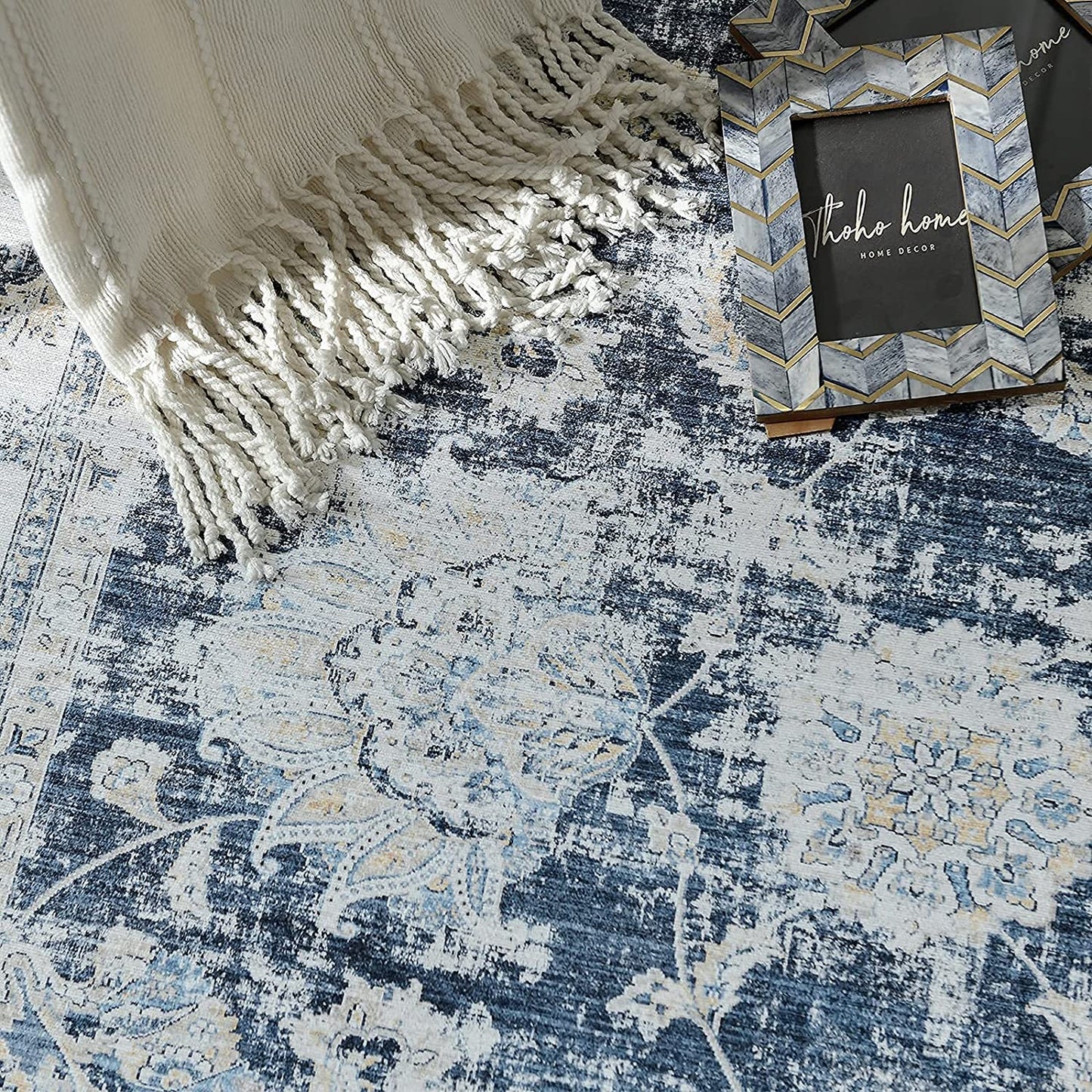 Topick Retro Vintage Persian Floral Foldable Dark Blue Area Rug