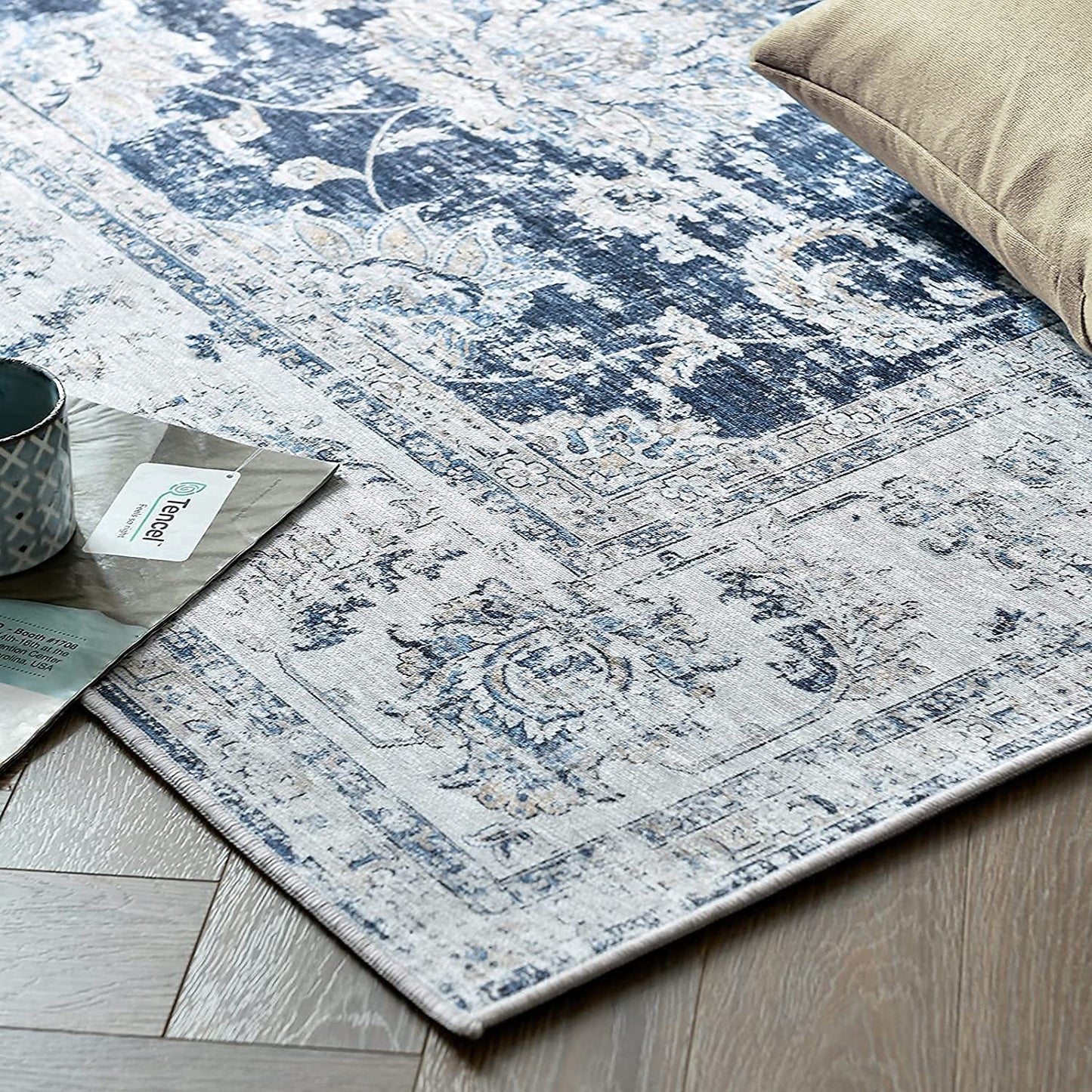 Topick Retro Vintage Persian Floral Foldable Dark Blue Area Rug