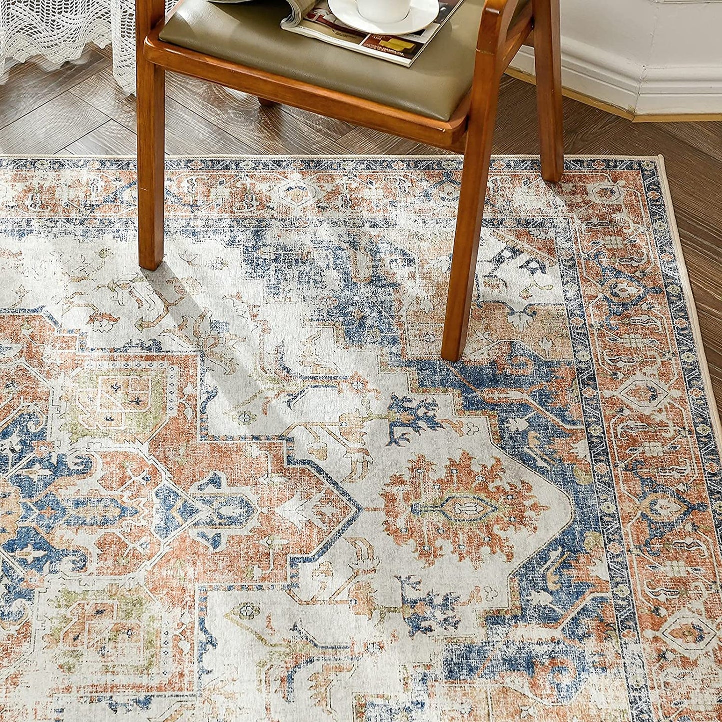 Jinchan Vintage Medallion Orange Foldable Living Room Area Rug