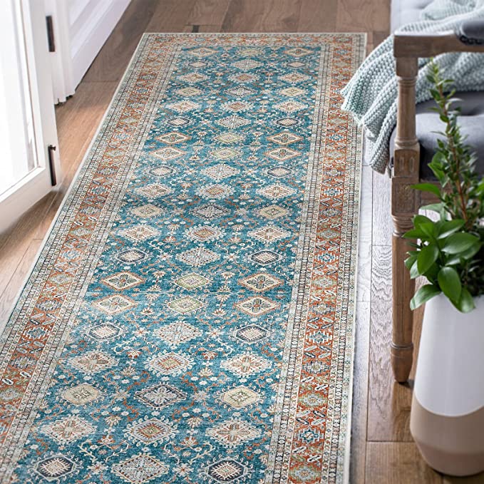 Jinchan Vintage Persian Floral Blue Red Foldable Area Rug