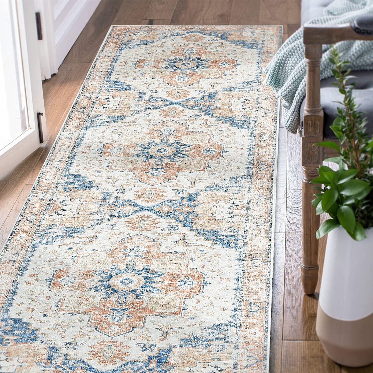 Jinchan Vintage Medallion Orange Foldable Living Room Area Rug