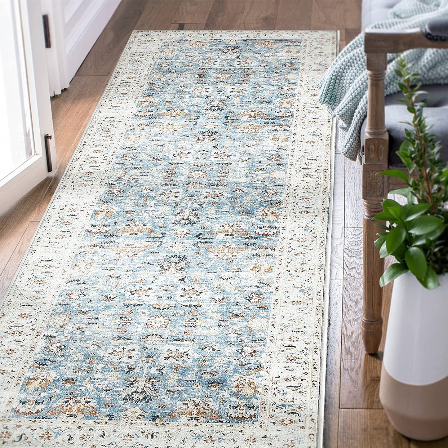 Jinchan Floral Distressed Vintage Blue Foldable Area Rug