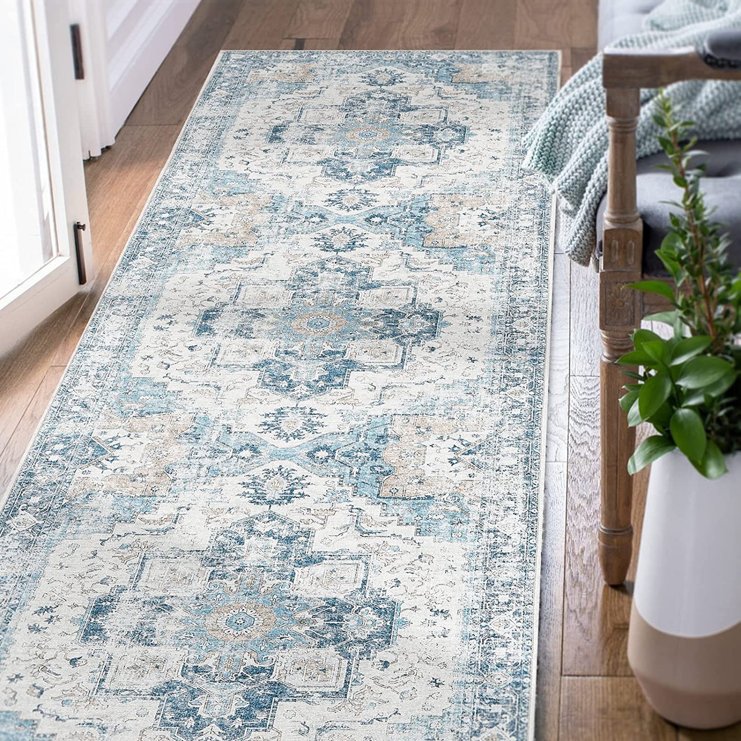 Vintage Persian Medallion Distressed Blue Area Rug Vintage Area Rugs JINCHAN Rugs