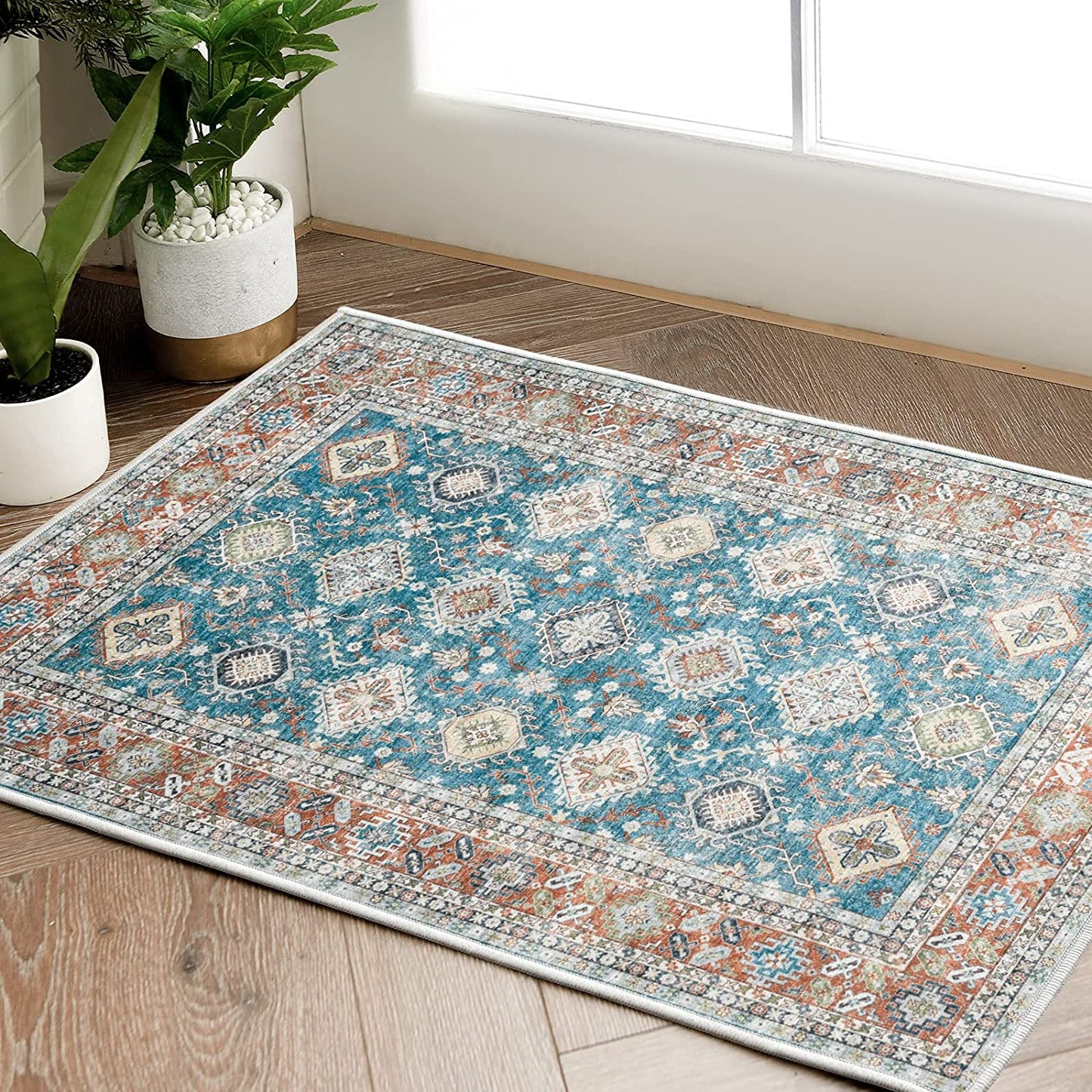 Jinchan Vintage Persian Floral Blue Red Foldable Area Rug