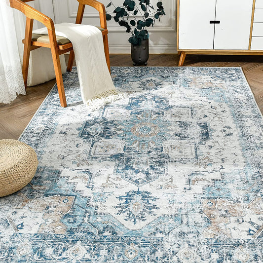 Vintage Persian Medallion Distressed Blue Area Rug Vintage Area Rugs JINCHAN Rugs