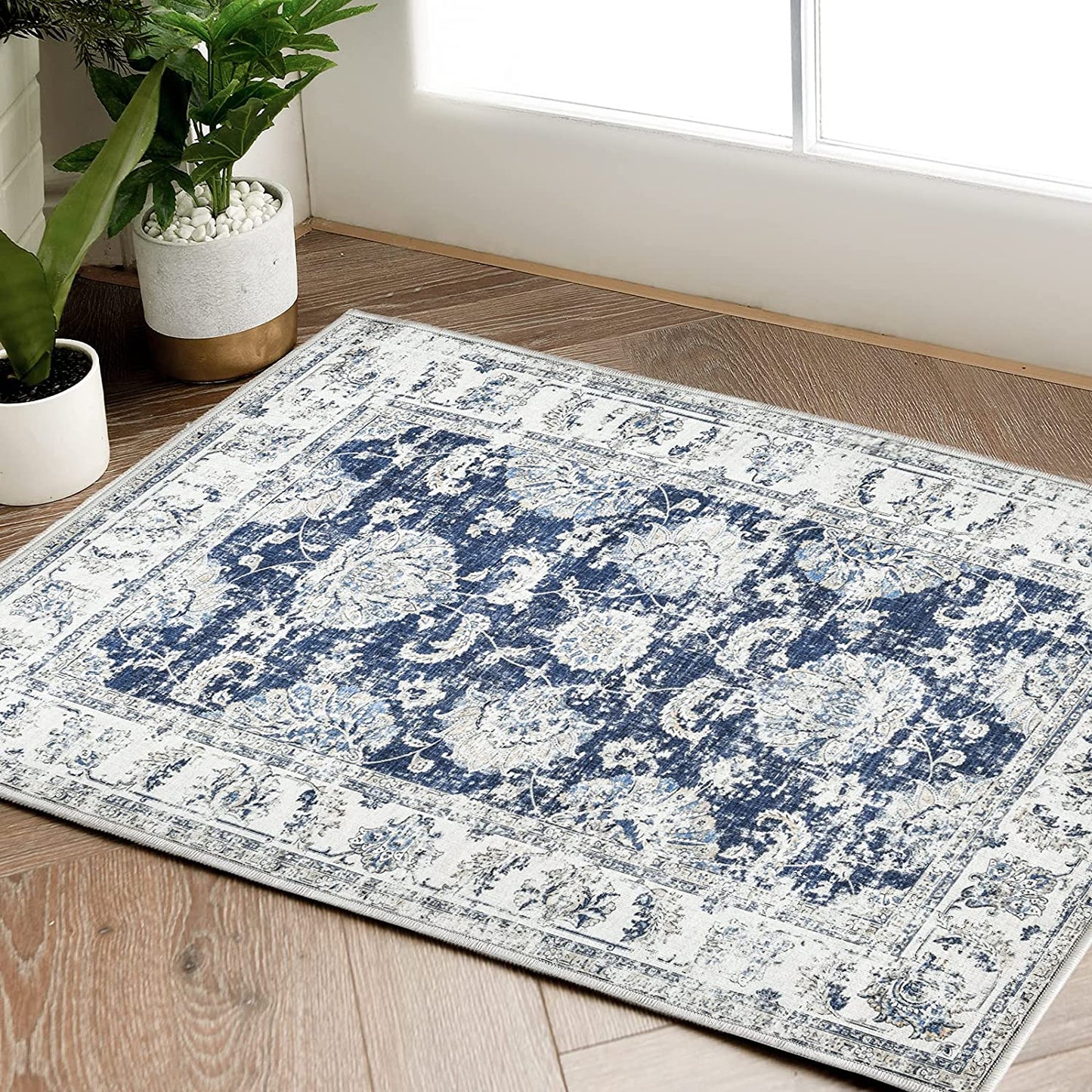 Topick Retro Vintage Persian Floral Foldable Dark Blue Area Rug