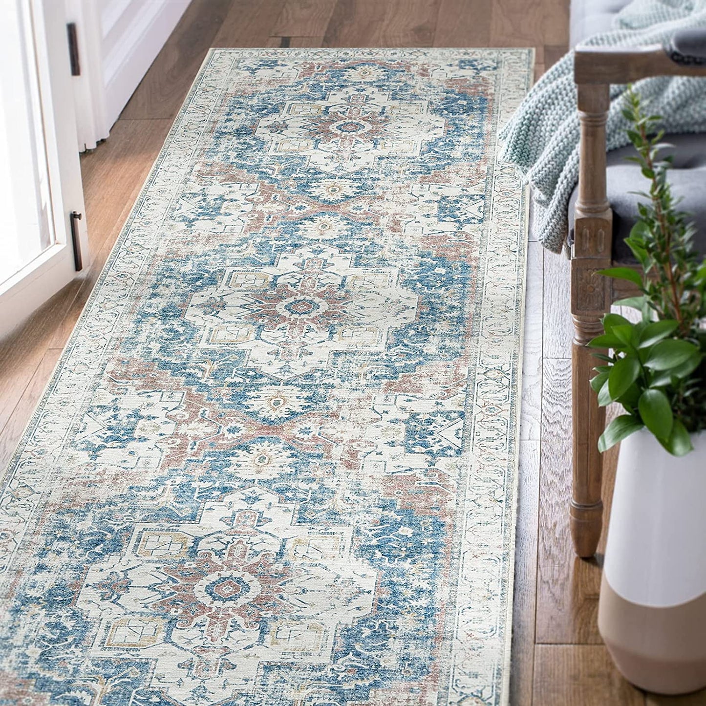Jinchan Vintage Distressed Medallion Navy Blue Foldable Living Room Area Rug