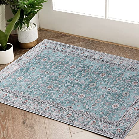 Jinchan Persian Distressed Floral Turquoise Foldable Area Rug