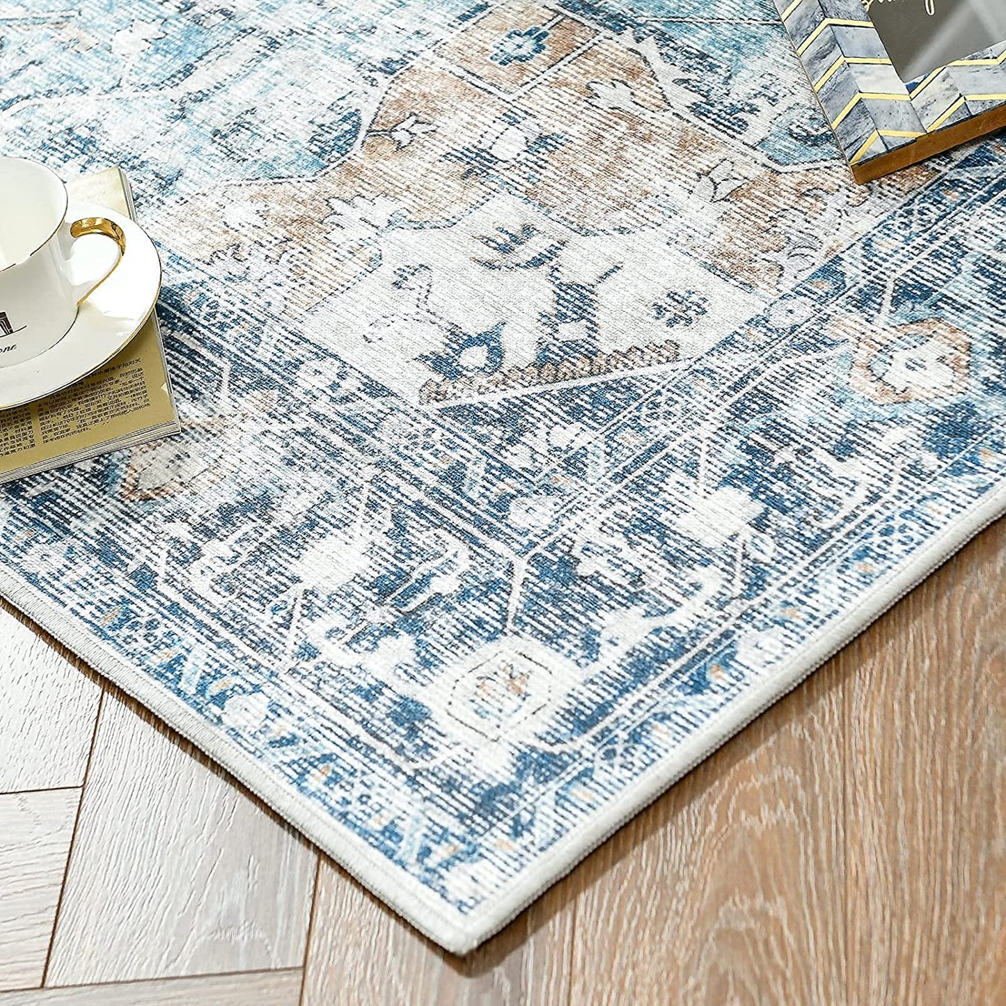 Vintage Persian Medallion Distressed Blue Area Rug Vintage Area Rugs JINCHAN Rugs