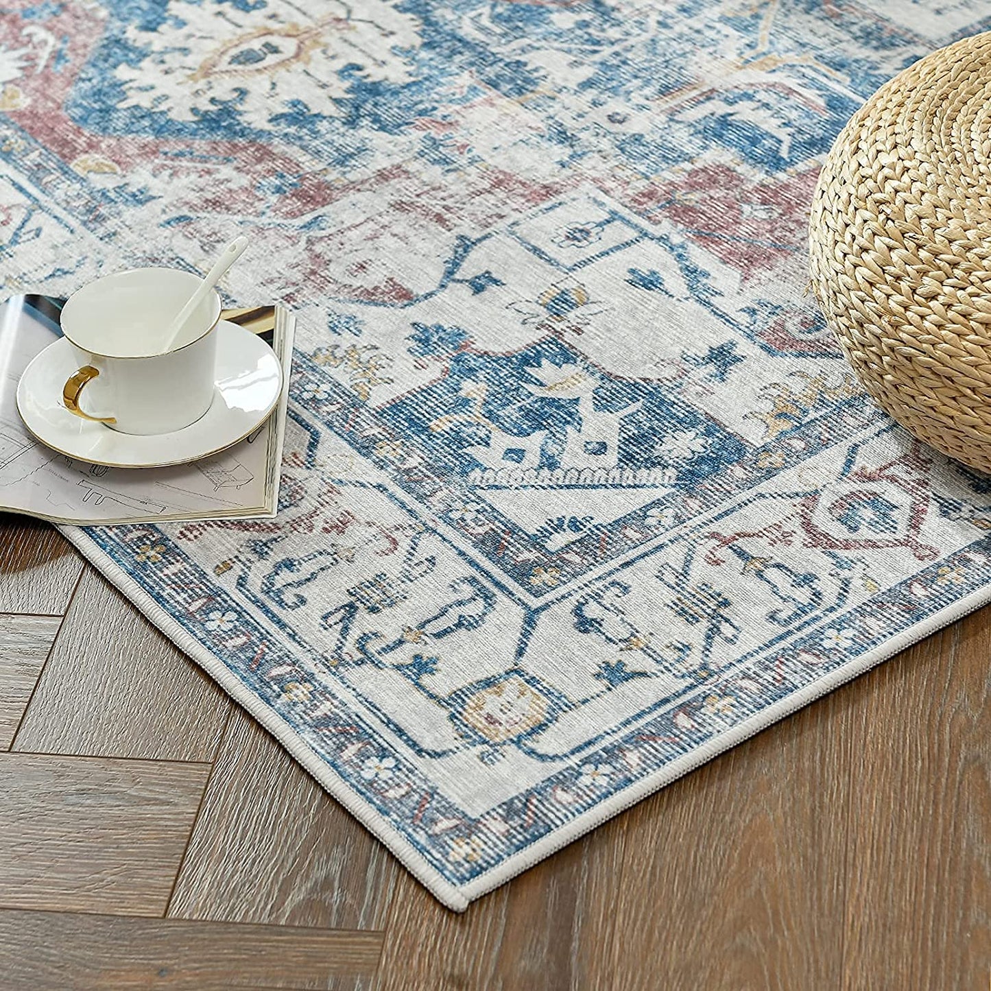Jinchan Vintage Distressed Medallion Navy Blue Foldable Living Room Area Rug