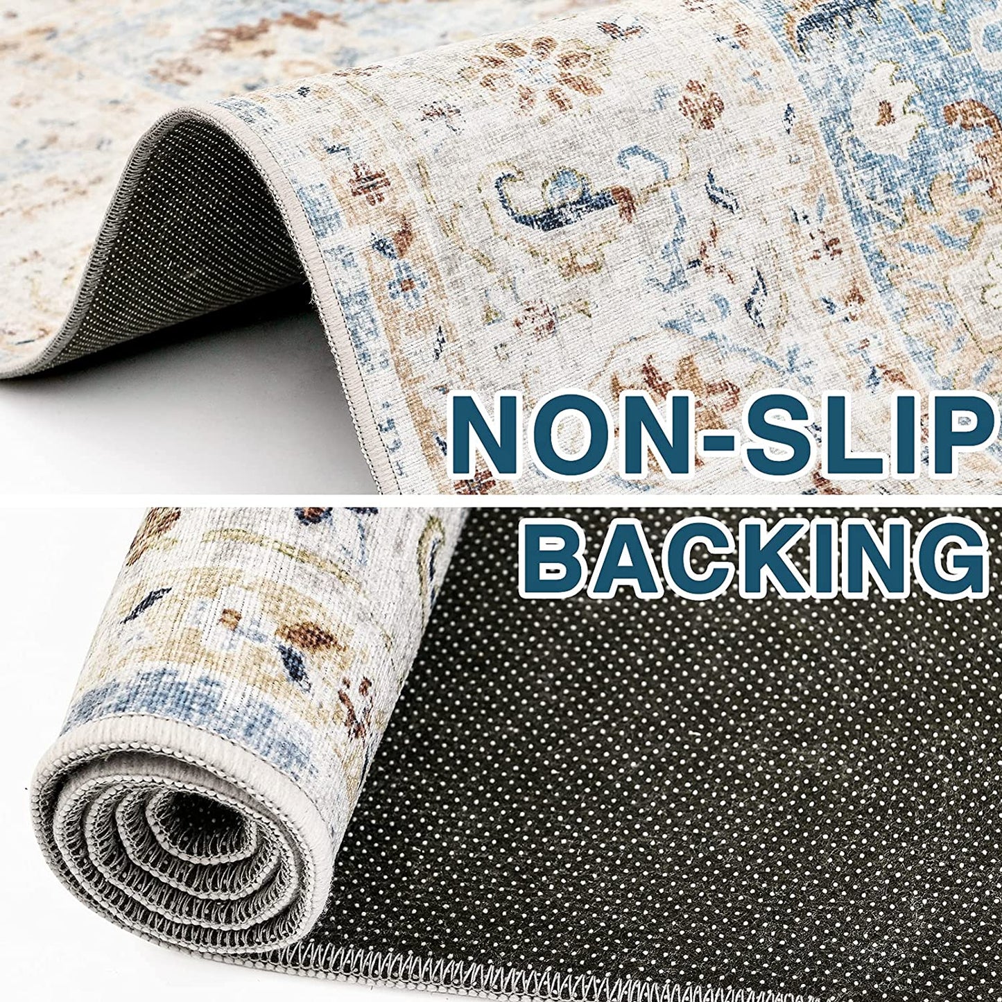 Jinchan Floral Distressed Vintage Blue Foldable Area Rug