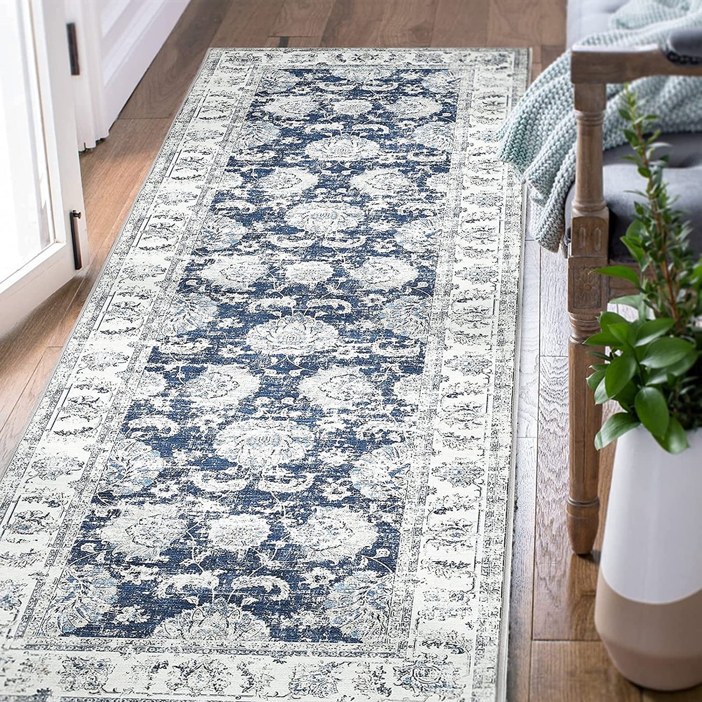 Topick Retro Vintage Persian Floral Foldable Dark Blue Area Rug