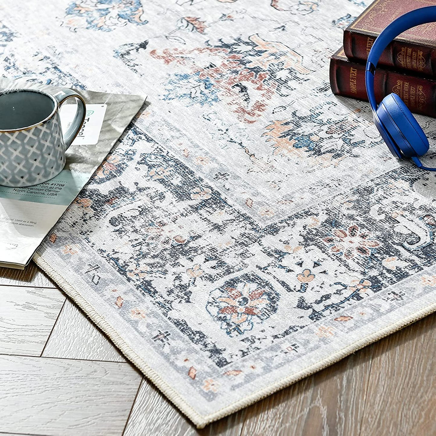 Jinchan Floral Distressed Vintage Persian Grey Foldable Area Rug