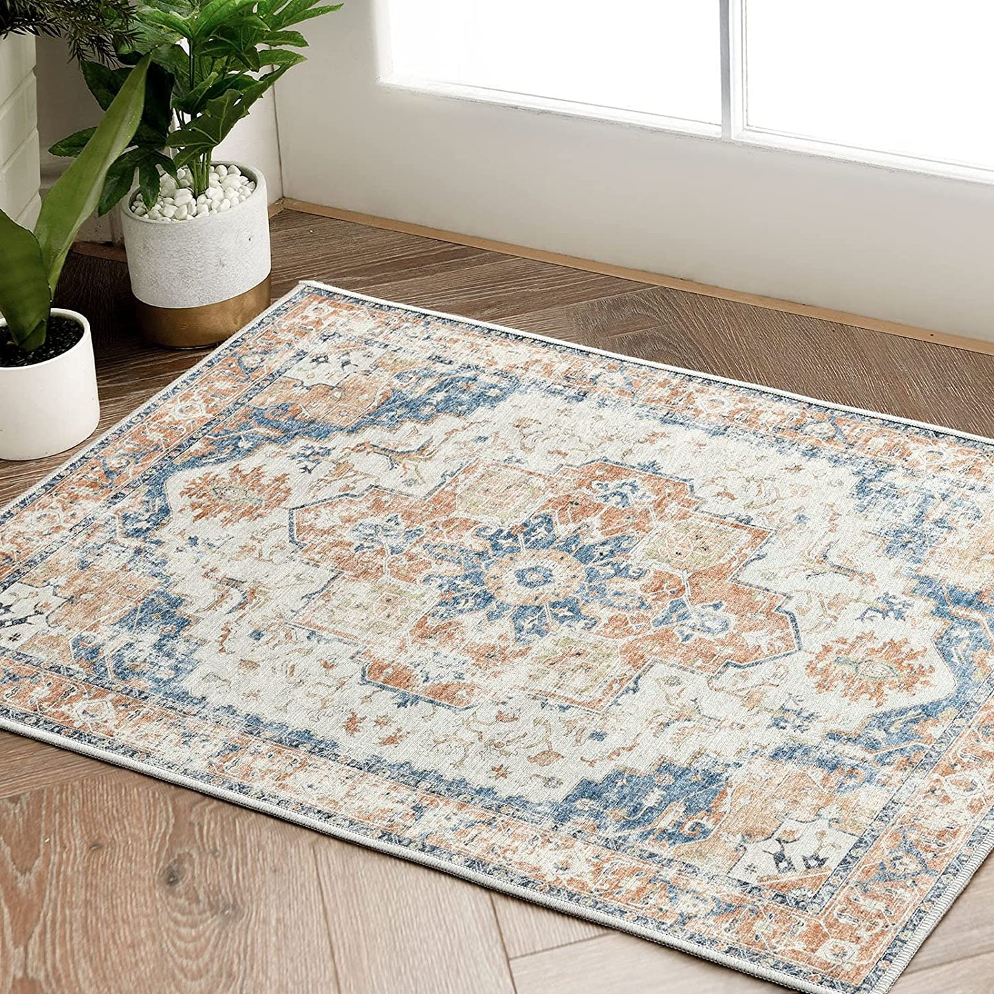 Jinchan Vintage Medallion Orange Foldable Living Room Area Rug