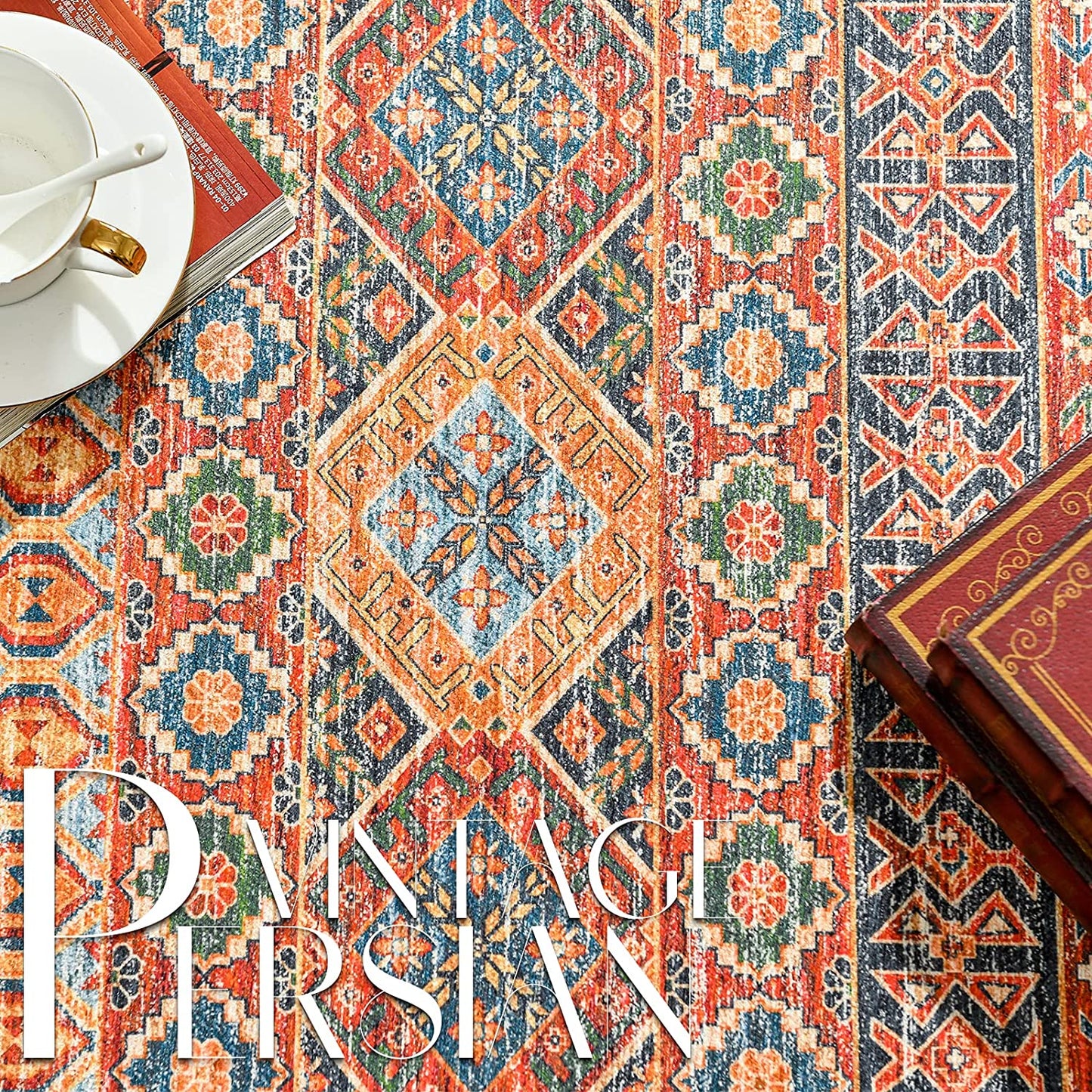 Jinchan Retro Vintage Oriental Red Blue Foldable Area Rug