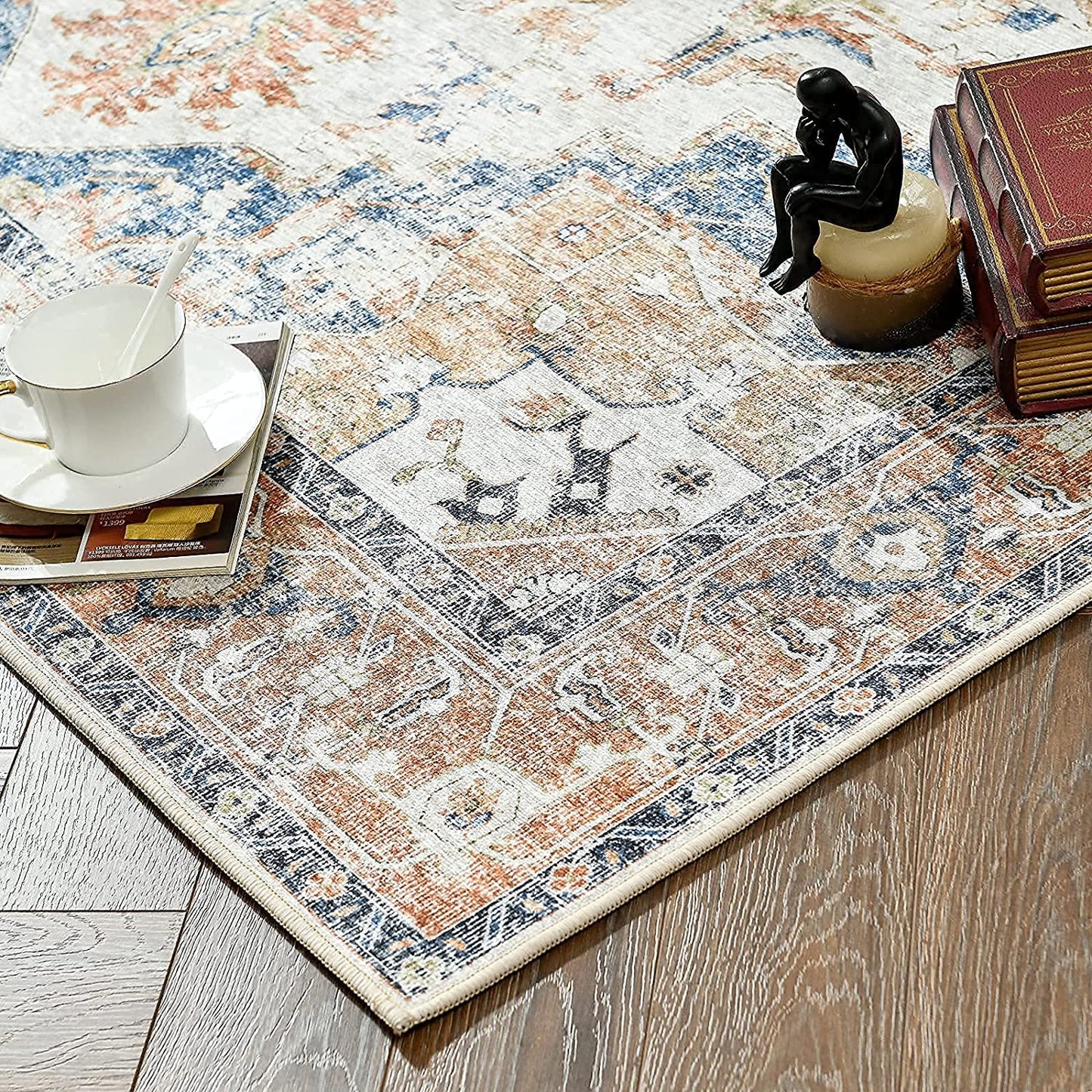 Jinchan Vintage Medallion Orange Foldable Living Room Area Rug