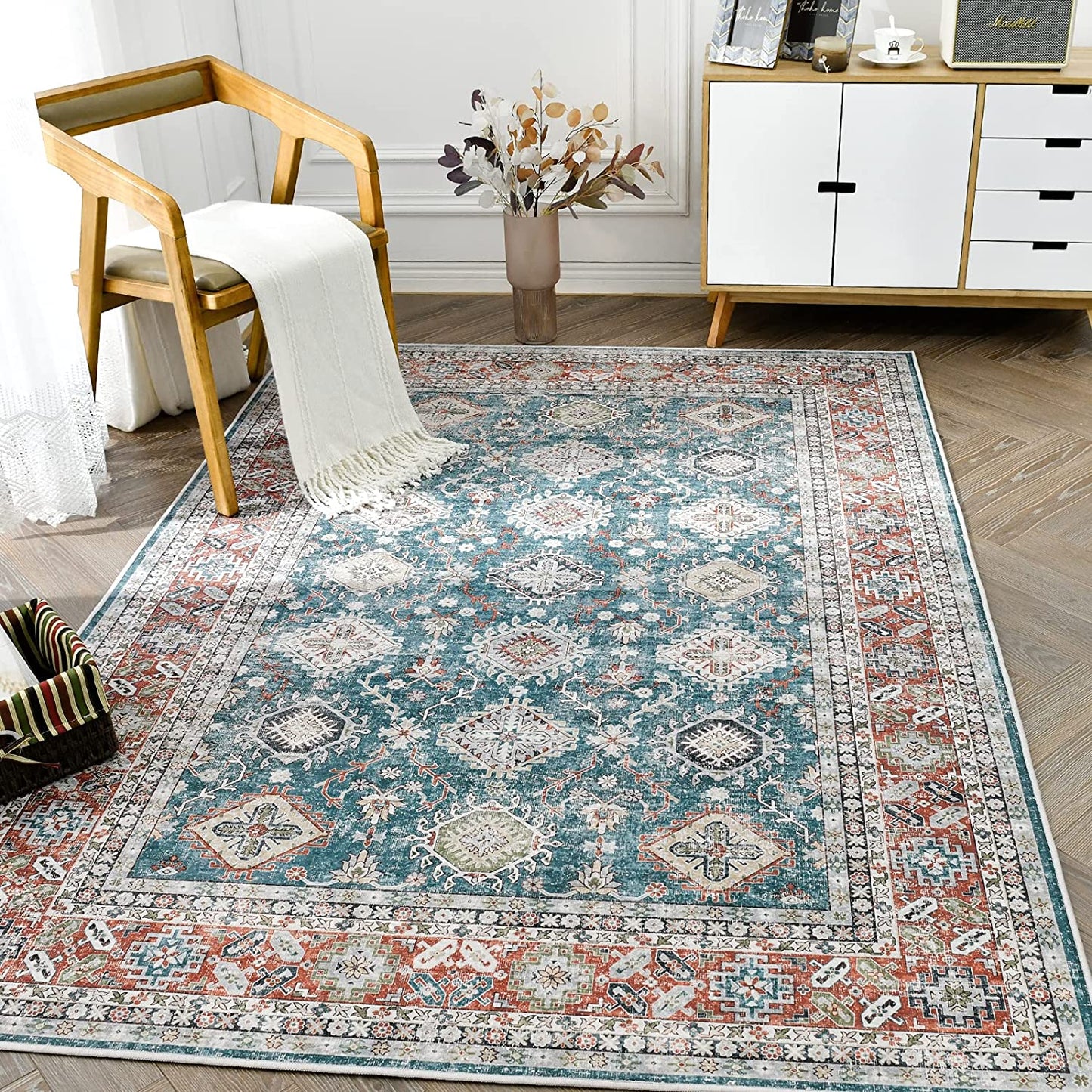 Jinchan Vintage Persian Floral Blue Red Foldable Area Rug