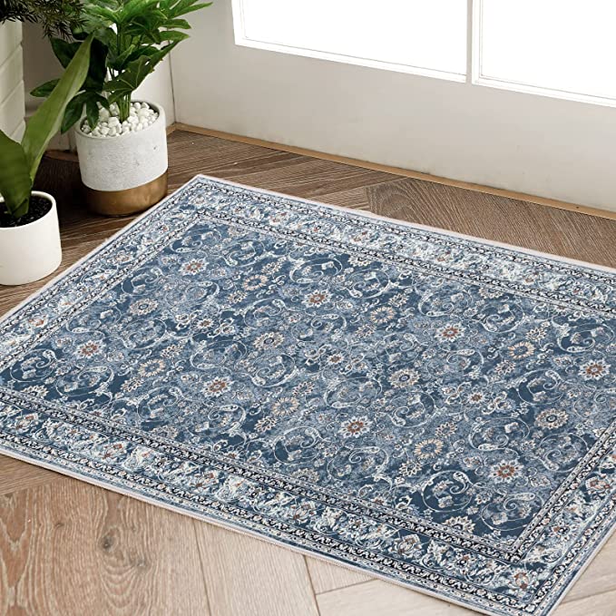 Jinchan Persian Distressed Floral Navy Blue Foldable Area Rug