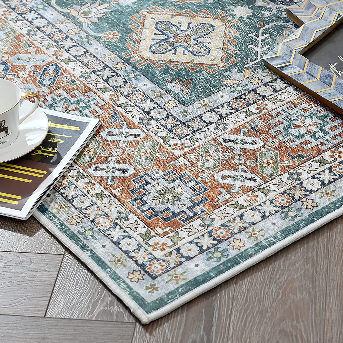 Jinchan Vintage Persian Floral Blue Red Foldable Area Rug