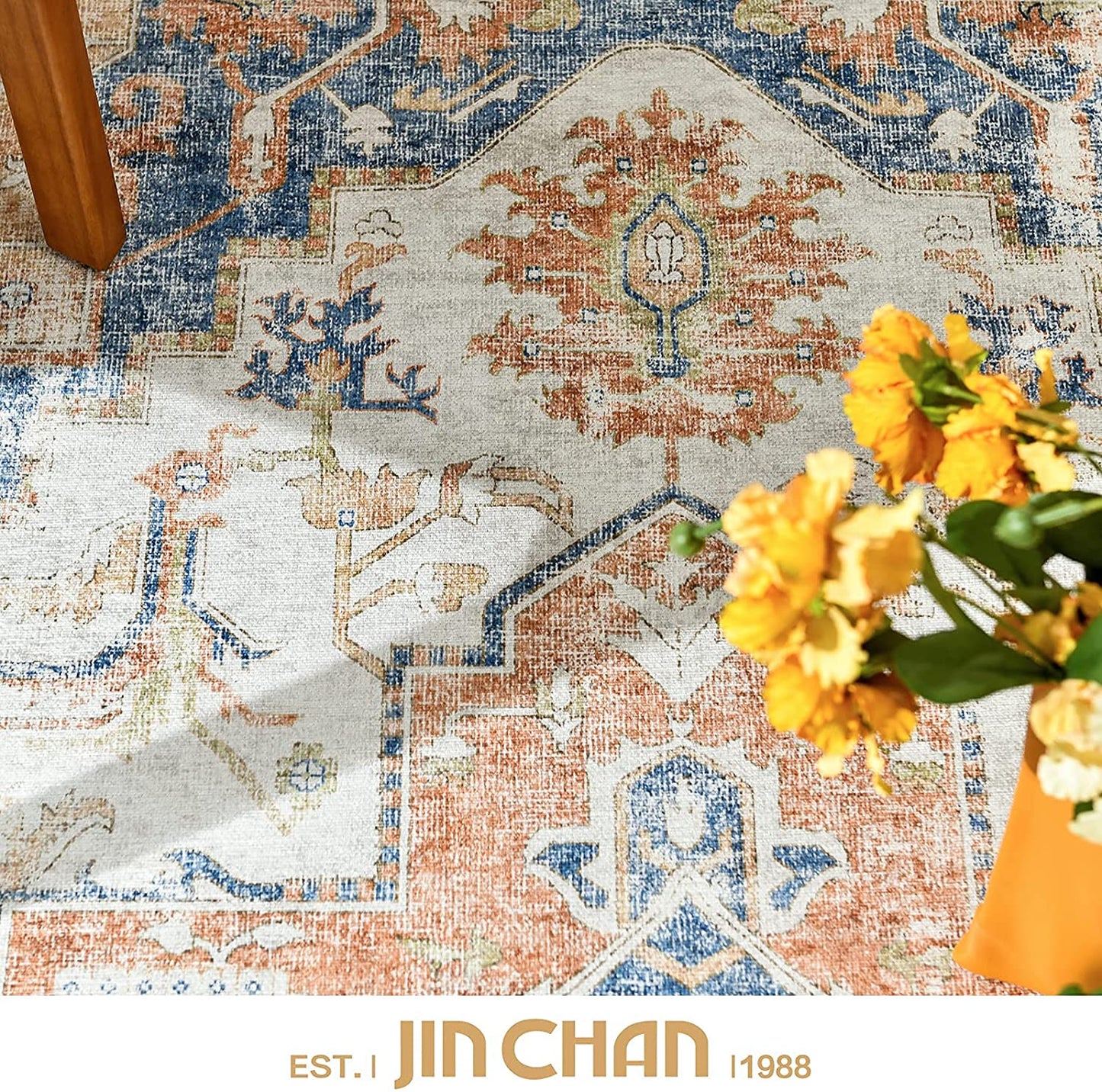 Jinchan Vintage Medallion Orange Foldable Living Room Area Rug