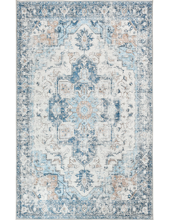 Jinchan Vintage Distressed Medallion Blue Foldable Living Room Area Rug