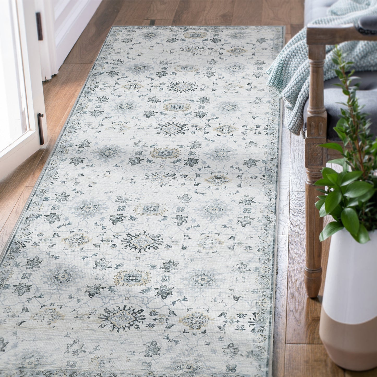 Jinchan Vintage Distressed Floral Light Grey Foldable Area Rug