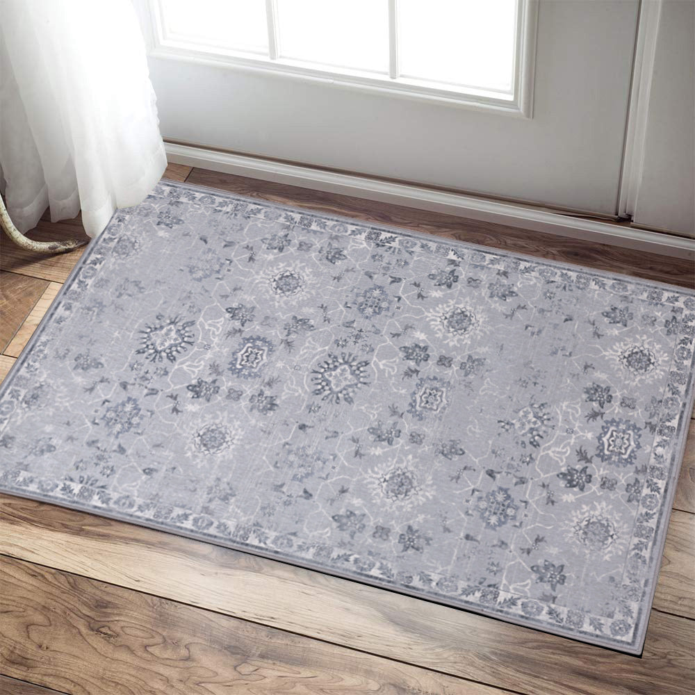 Jinchan Vintage Distressed Floral Dark Grey Foldable Area Rug