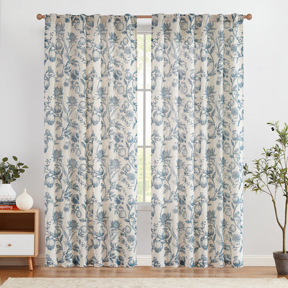 CURTAINKING Linen Curtains Floral Curtains for Living Room French Curtains Back Tab Light Filtering Toile Print Farmhouse Bedroom Curtains Window Curtain Set 2 Panels