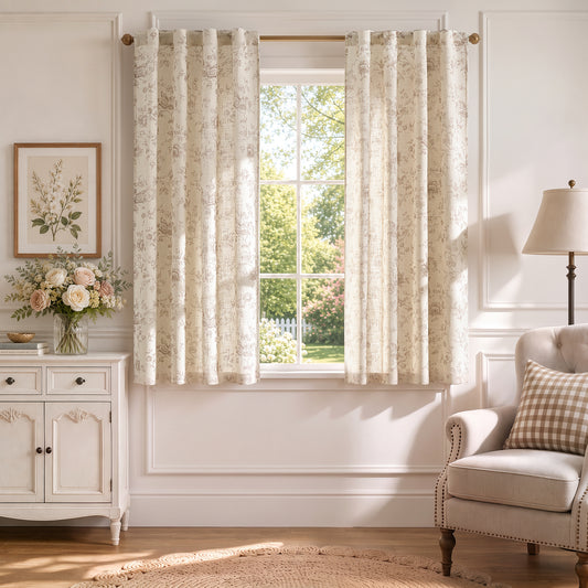 CURTAINKING Floral Linen Blend Curtains Light Filtering Window Curtains for Bedroom Living Room Farmhouse Cottage Style Window Treatment Rod Pocket